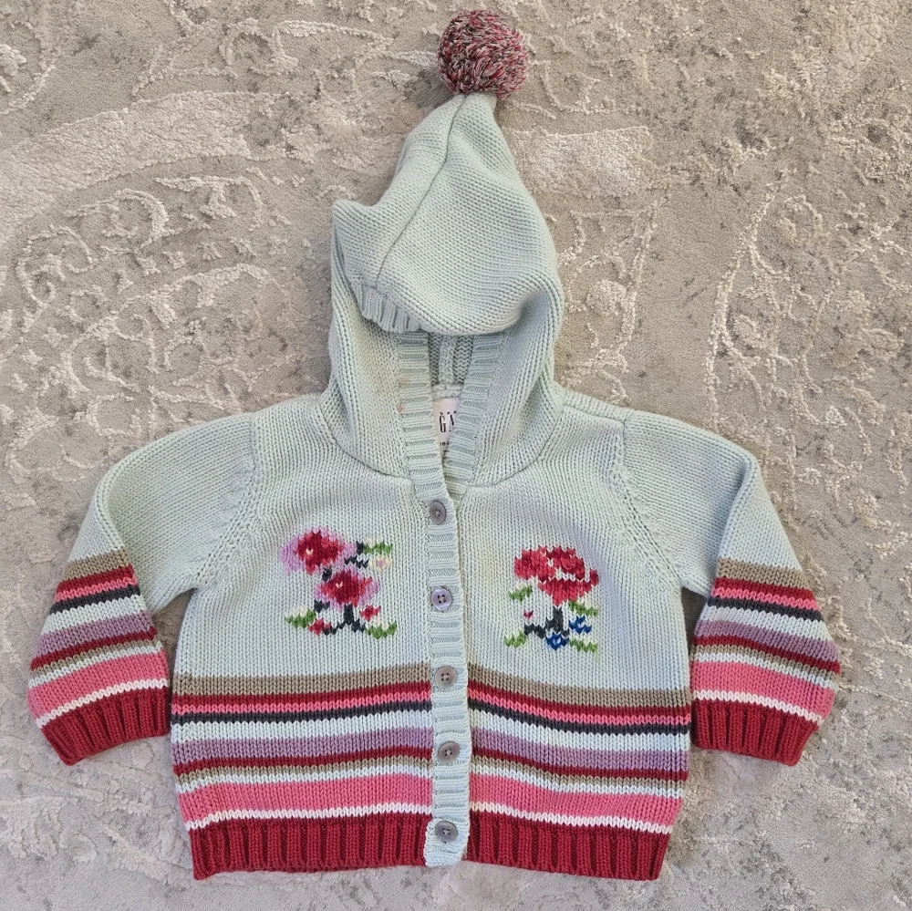 Vintage Y2k Baby Gap Embroidered Knit Hooded Pom Pom Cardigan
